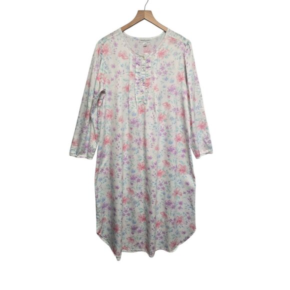 Miss Elaine Size Large Brushed Back Floral Print Nightgown Pintuck Lace Trim - Picture 3 of 9